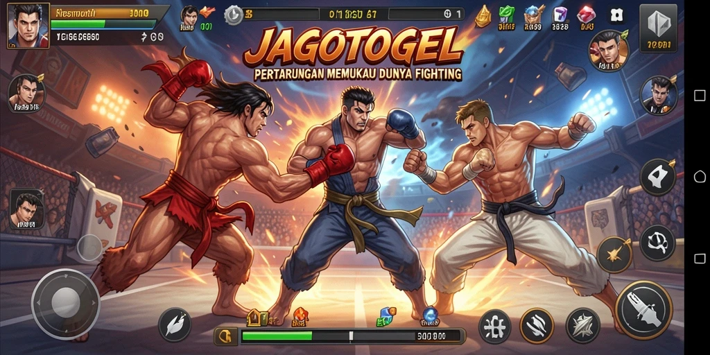 Screenshot menunjukkan pertarungan seru di JAGOTOGEL dengan karakter yang beraksi.