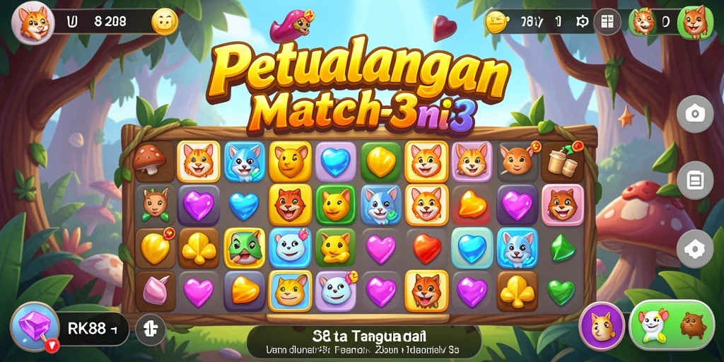 Tampilan gameplay seru dalam RK88 dengan level Match-3 yang menantang.