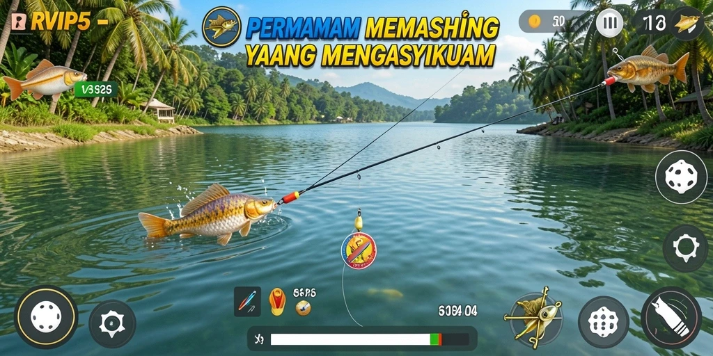 Tampilan gameplay RVIP5 dengan aksi memancing yang mendebarkan.
